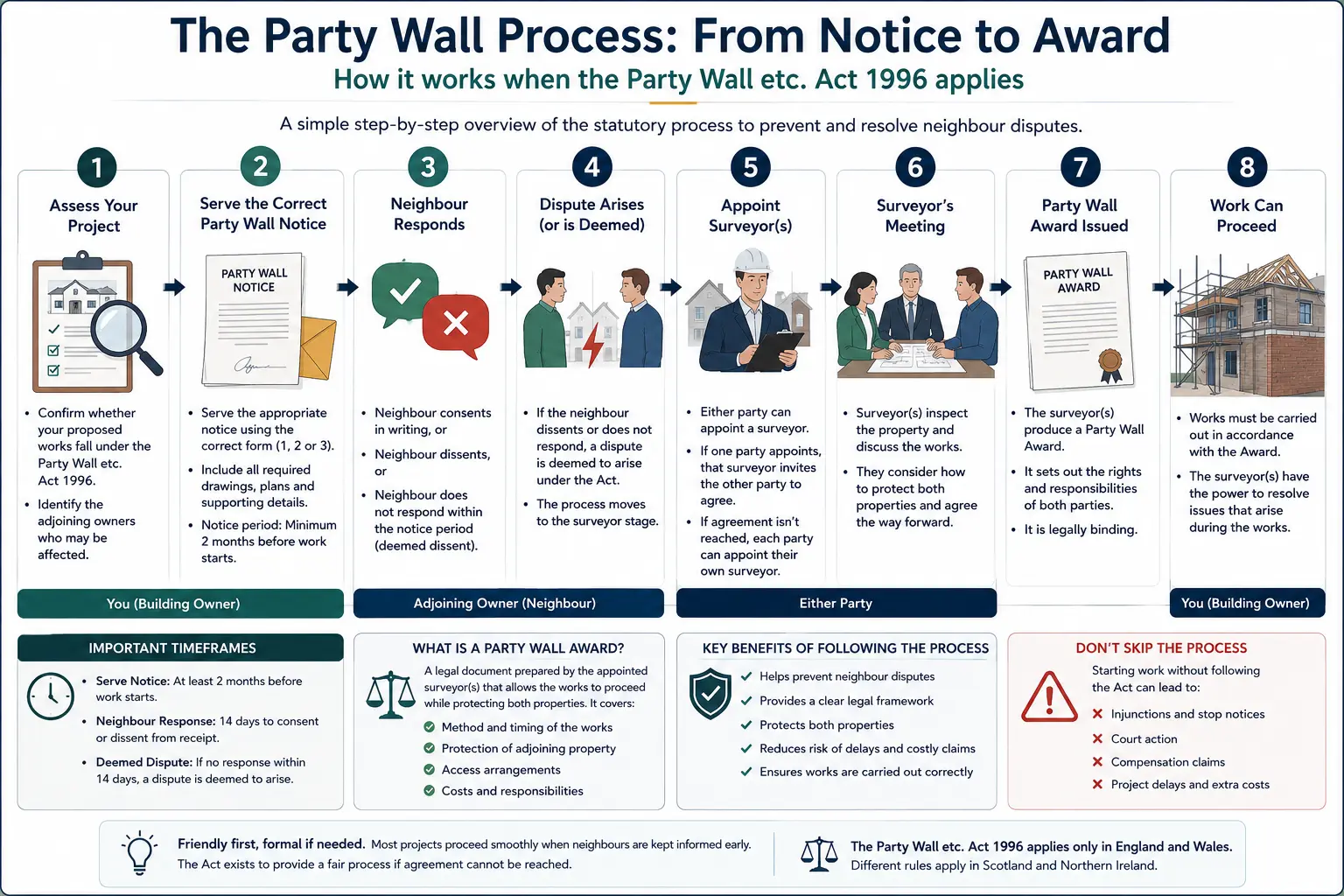 Do I Need a Party Wall Agreement? An infographic showing the party wall process from notice to award in a very interactive way for the citizens living in Leighton Buzzard, UK