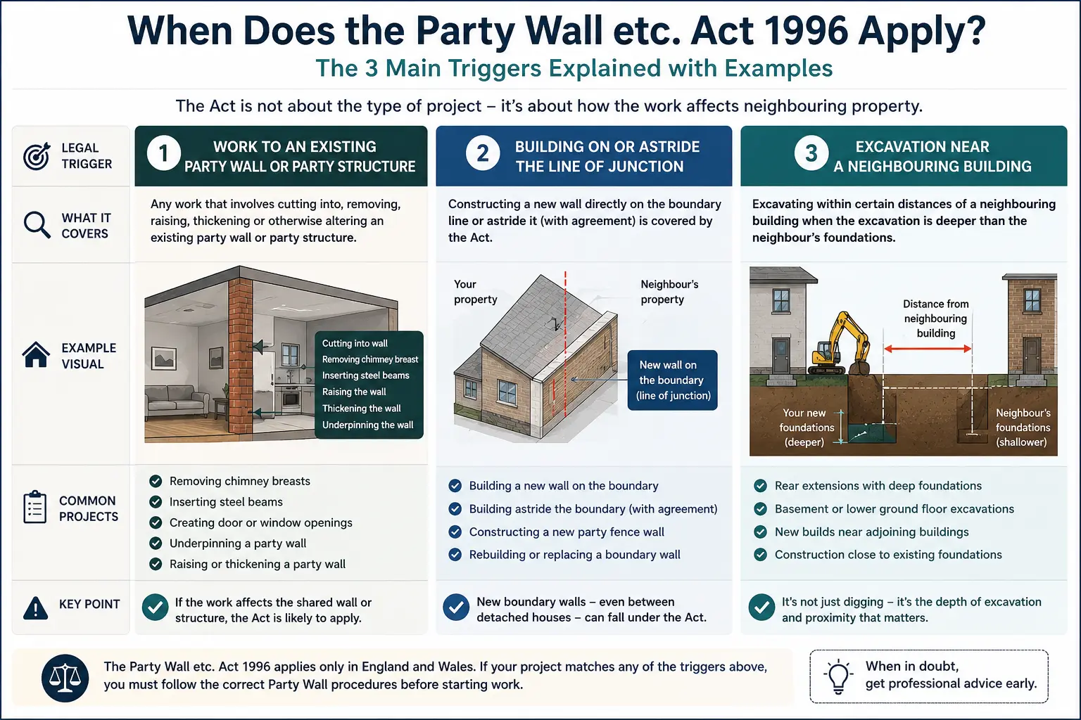 Do I Need a Party Wall Agreement? An infographic showing when does the party wall etc act 1996 apply like excavation, junction, painting, in Leighton Buzzard, UK